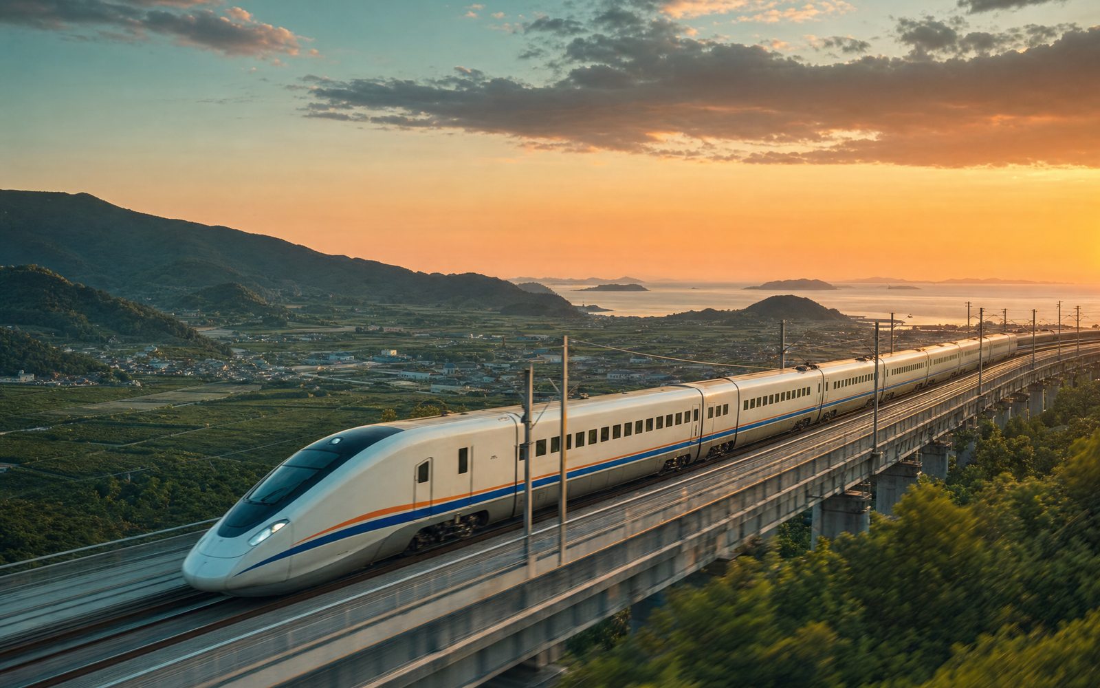 A Korean high-speed train speeding south from Seoul toward the Busan coast