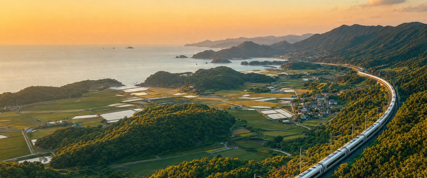 A Korean high-speed train sweeping through the countryside on the way from Seoul to Busan