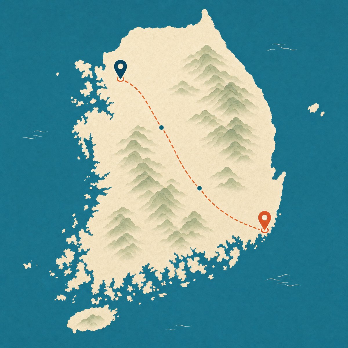 Illustrated map of South Korea showing the Seoul to Busan high-speed route down the Gyeongbu line, from Seoul in the north-west via Daejeon and Dongdaegu to Busan on the south-east coast